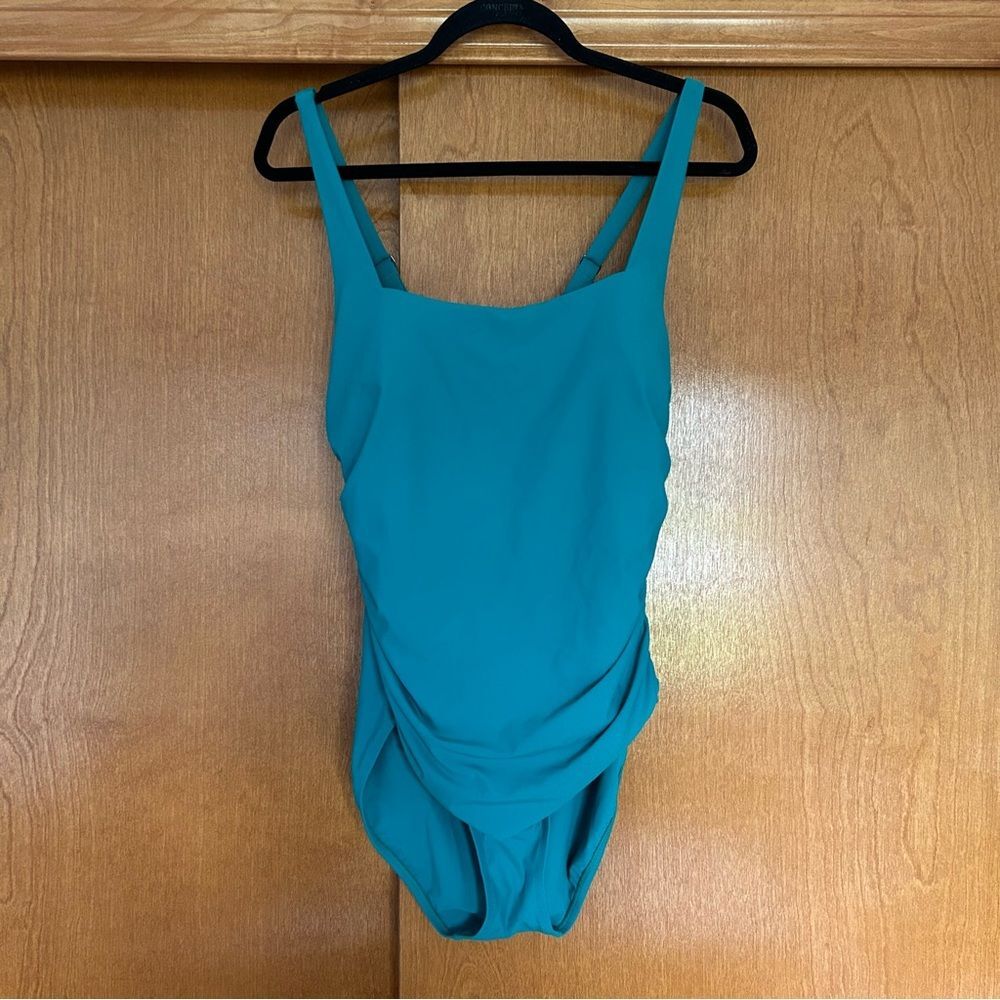 Athleta Square Neck Ruched One Piece Swimsuit Aruba Teal Size Large Petite